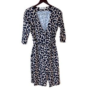 Diane Von Furstenberg Silk Blend Wrap Midi Dress Navy & Pink Women’s Size 6 DVF